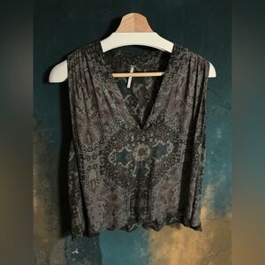 Free People | Sleeveless Pleated V-Neck Boho Chic Print Double Lined Top | Sz:XS
